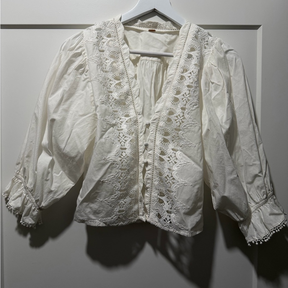 Free People Cream Lace-Trim Button Front Blouse